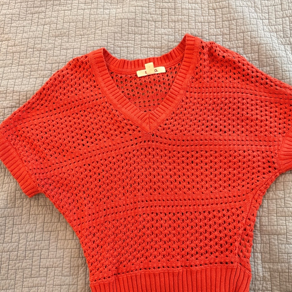 Bongo Womens Red V-Neck Crochet Knit Short Sleeve Sweater Top‎ Size Medium